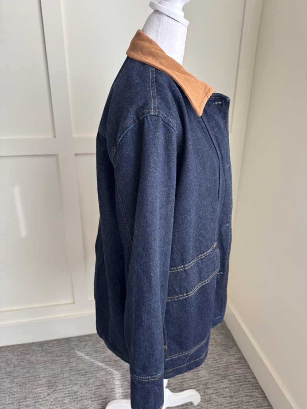 Reformation Navy Denim Field Jacket with Brown Corduroy Collar - Picture 9 of 12
